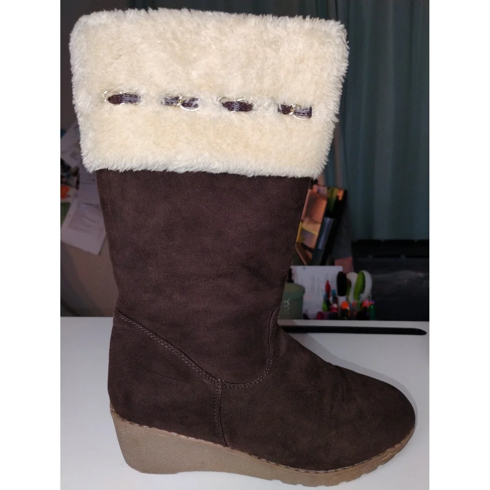 Girls Brown Faux Suede Fur Trimmed Winter Snow Boots Wedge Heel‎ Kids Size